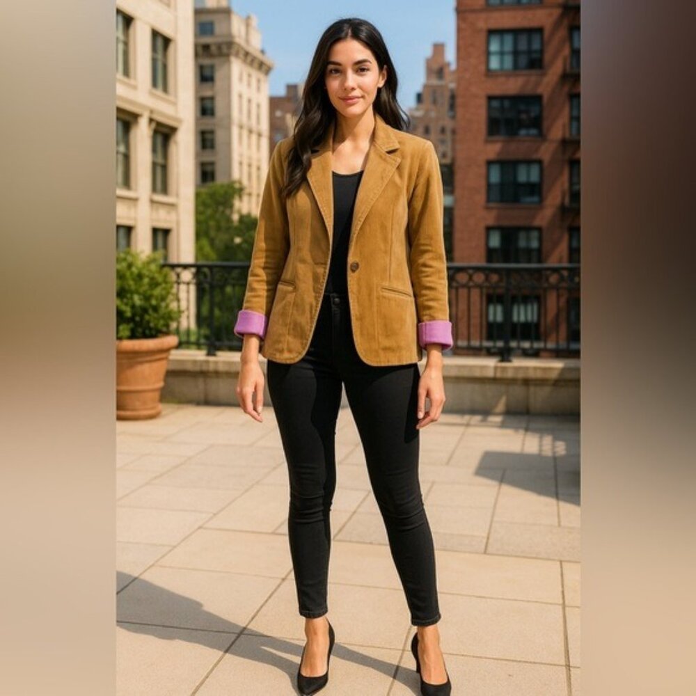 Old Navy Camel Corduroy Blazer Jacket Sz Small One-Button Pink Lined Sleeves